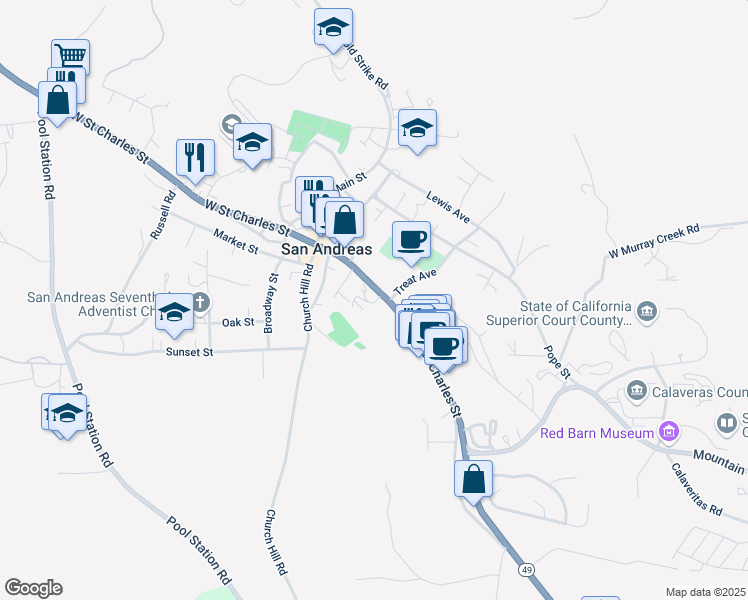 map of restaurants, bars, coffee shops, grocery stores, and more near 237-249 Golden Chain Highway in San Andreas