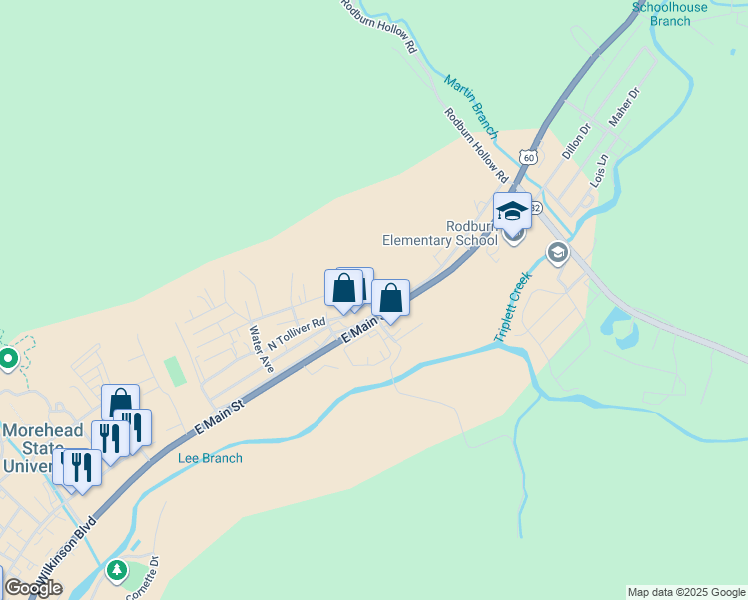 map of restaurants, bars, coffee shops, grocery stores, and more near 1213 East Main Street in Morehead