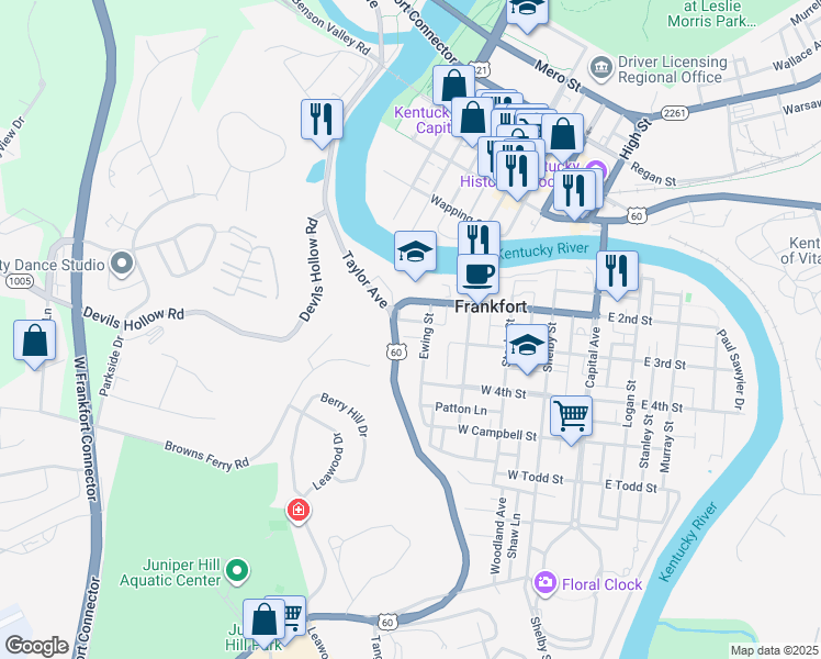 map of restaurants, bars, coffee shops, grocery stores, and more near 523 Weber Court in Frankfort