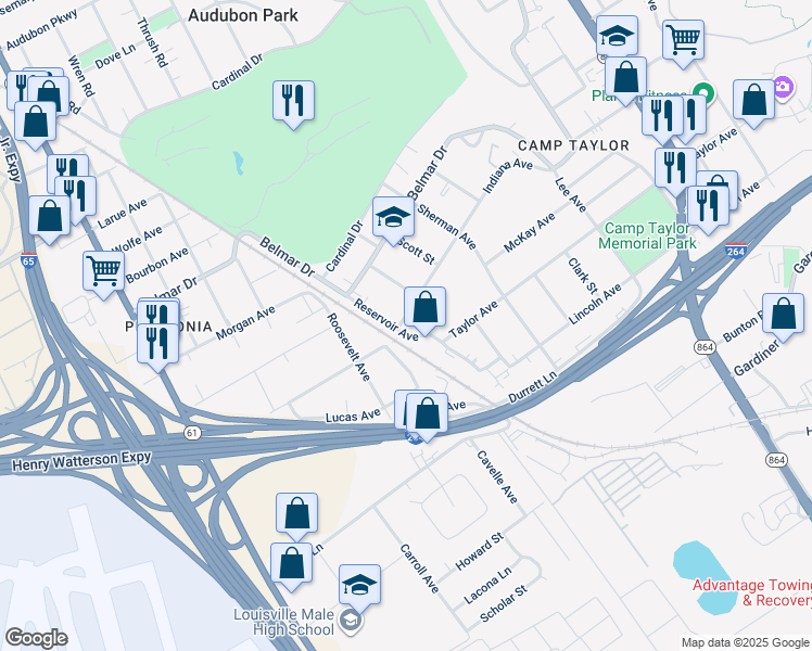 map of restaurants, bars, coffee shops, grocery stores, and more near 1407 Indiana Avenue in Louisville