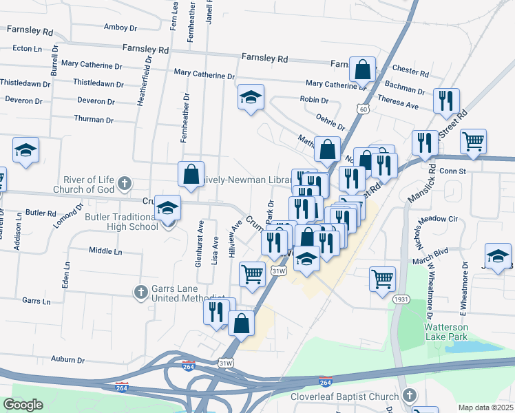 map of restaurants, bars, coffee shops, grocery stores, and more near 2009 Crums Lane in Shively
