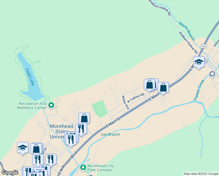 map of restaurants, bars, coffee shops, grocery stores, and more near 939 Piedmont Street in Morehead