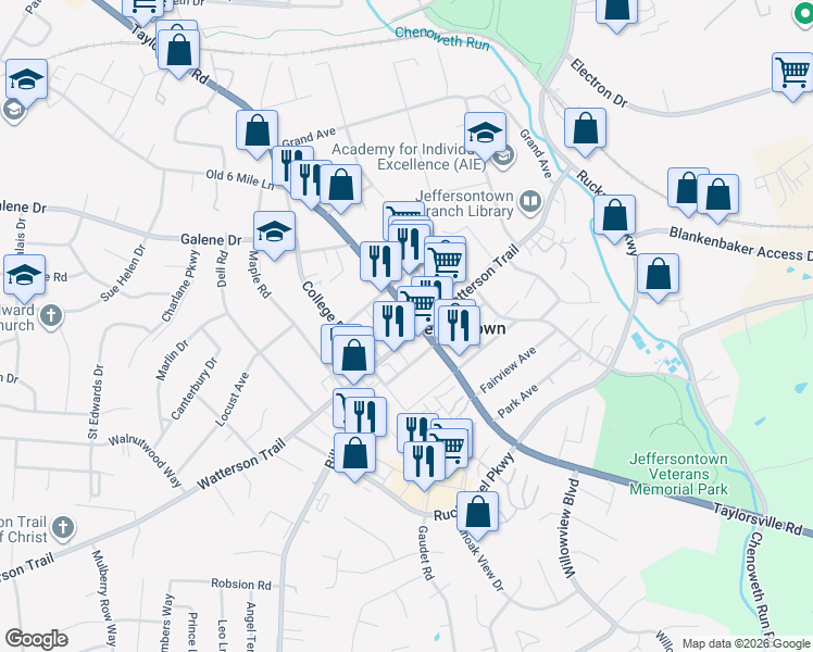 map of restaurants, bars, coffee shops, grocery stores, and more near 10318 Taylorsville Road in Jeffersontown