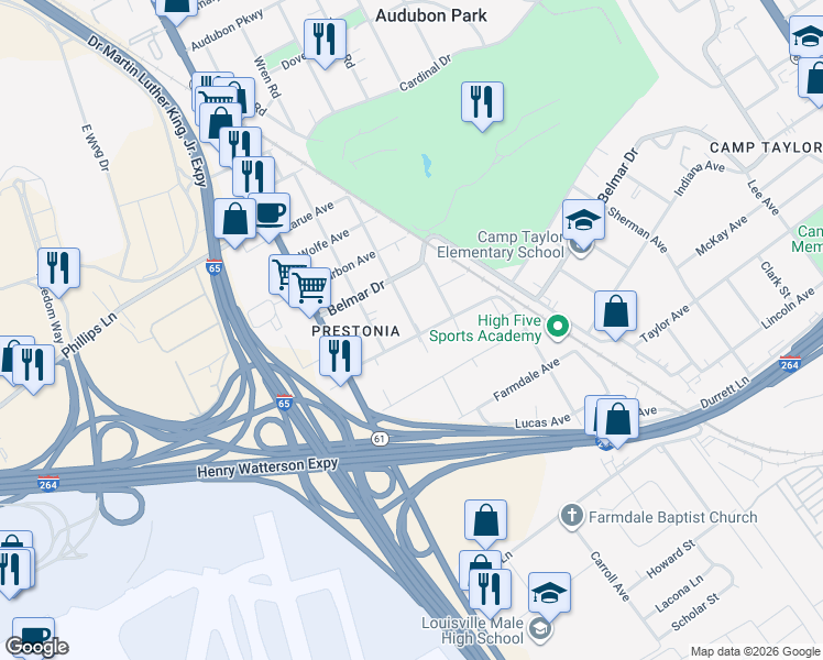 map of restaurants, bars, coffee shops, grocery stores, and more near 4032 Franklin Avenue in Louisville