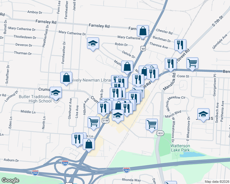 map of restaurants, bars, coffee shops, grocery stores, and more near 3932 Dixie Highway in Louisville