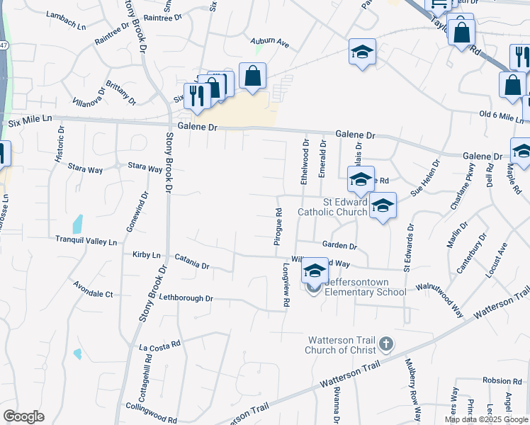 map of restaurants, bars, coffee shops, grocery stores, and more near 9207 North Pirogue Court in Louisville