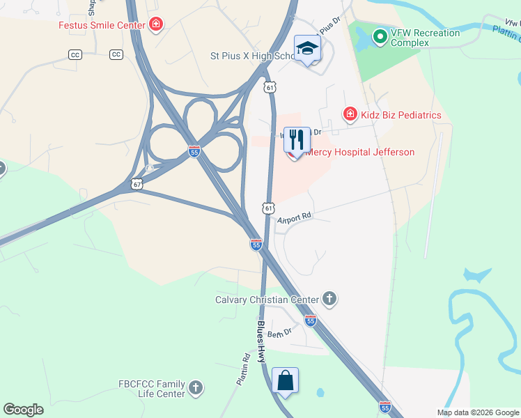 map of restaurants, bars, coffee shops, grocery stores, and more near 1479 U.S. 61 in Festus