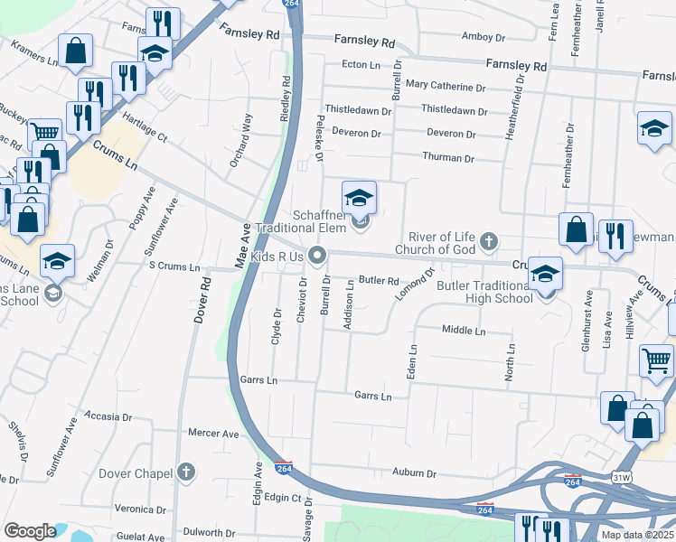 map of restaurants, bars, coffee shops, grocery stores, and more near 2715 Butler Road in Louisville