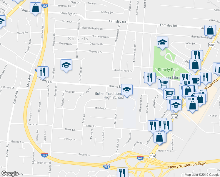 map of restaurants, bars, coffee shops, grocery stores, and more near 2262 Crums Lane in Louisville