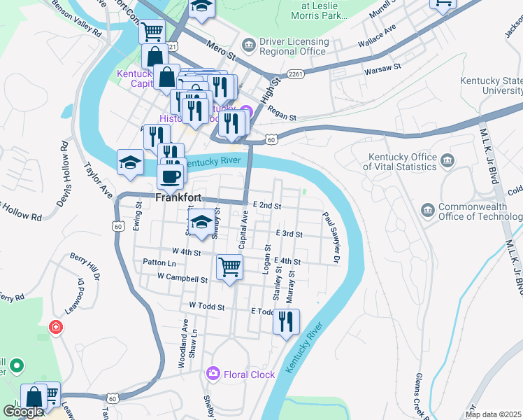 map of restaurants, bars, coffee shops, grocery stores, and more near 121 East 2nd Street in Frankfort