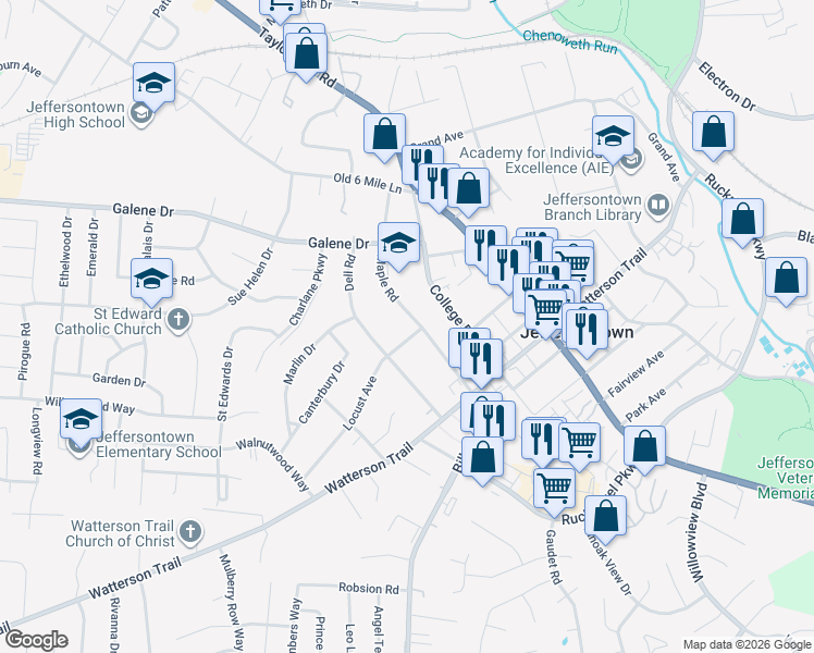 map of restaurants, bars, coffee shops, grocery stores, and more near 3427 Maple Road in Jeffersontown