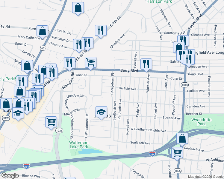 map of restaurants, bars, coffee shops, grocery stores, and more near 1704 Liberty Bell Way in Louisville