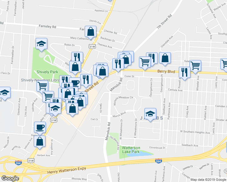 map of restaurants, bars, coffee shops, grocery stores, and more near 3607 Manslick Road in Louisville