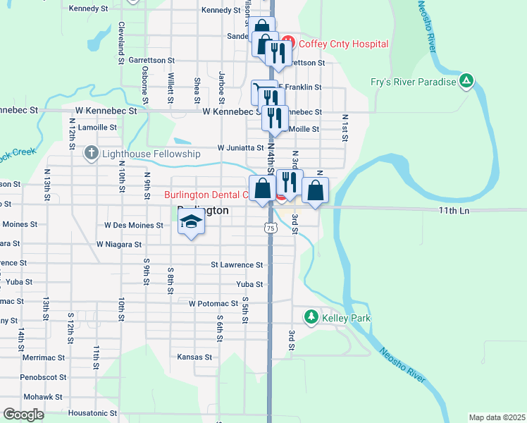 map of restaurants, bars, coffee shops, grocery stores, and more near 405 Neosho Street in Burlington