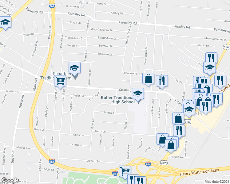 map of restaurants, bars, coffee shops, grocery stores, and more near 2300 Crums Lane in Louisville