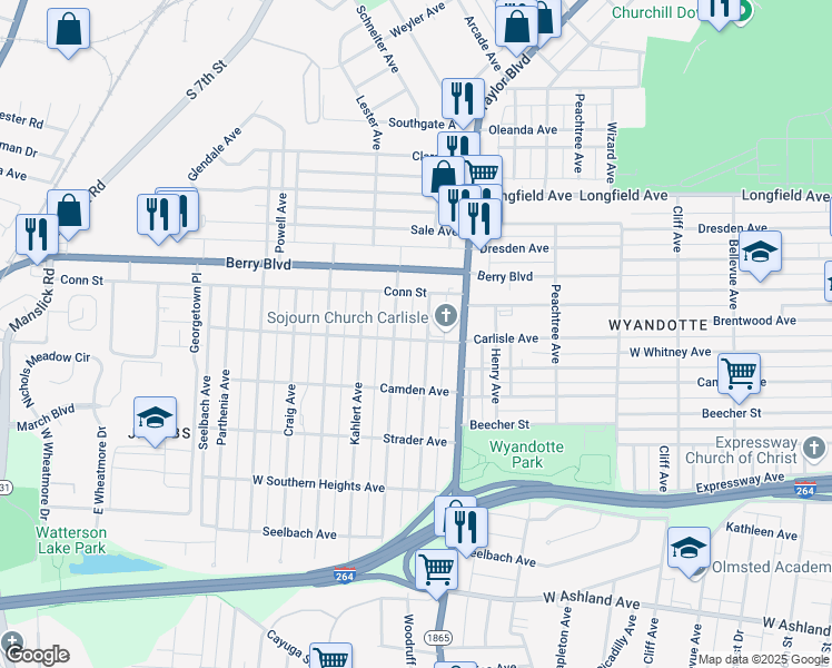 map of restaurants, bars, coffee shops, grocery stores, and more near 1351 Carlisle Avenue in Louisville