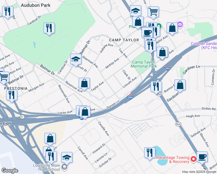 map of restaurants, bars, coffee shops, grocery stores, and more near 4216 Sherman Avenue in Louisville