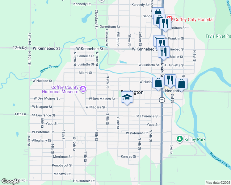 map of restaurants, bars, coffee shops, grocery stores, and more near 801 Neosho Street in Burlington