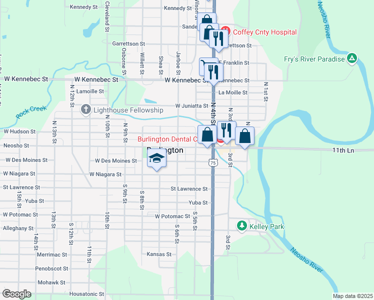 map of restaurants, bars, coffee shops, grocery stores, and more near 513 Neosho Street in Burlington