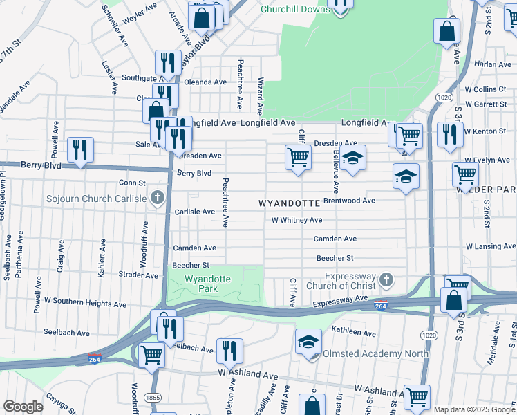 map of restaurants, bars, coffee shops, grocery stores, and more near 1005 Carlisle Avenue in Louisville