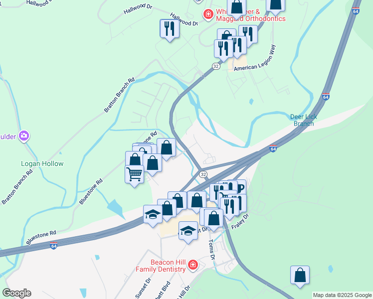 map of restaurants, bars, coffee shops, grocery stores, and more near 332 Kroger Center Drive in Morehead