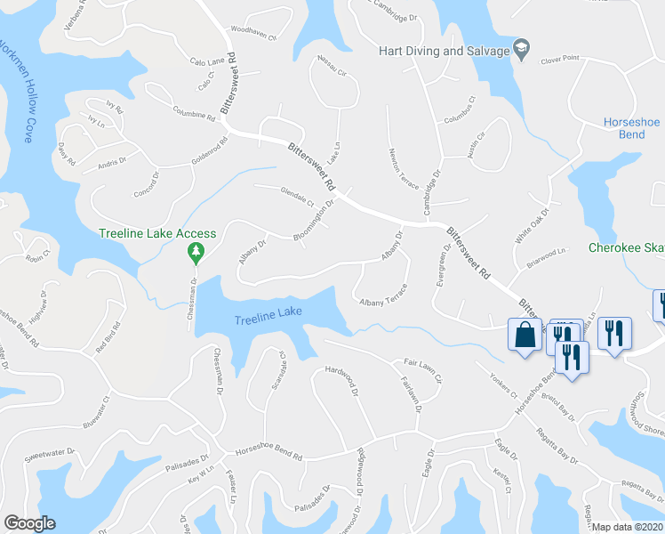 map of restaurants, bars, coffee shops, grocery stores, and more near Albany Drive in Village of Four Seasons