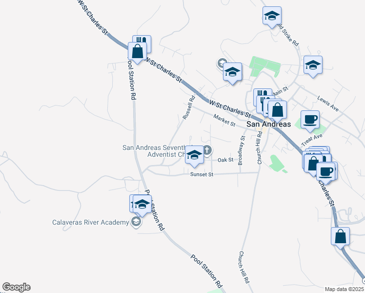 map of restaurants, bars, coffee shops, grocery stores, and more near 460 Oak Street in San Andreas