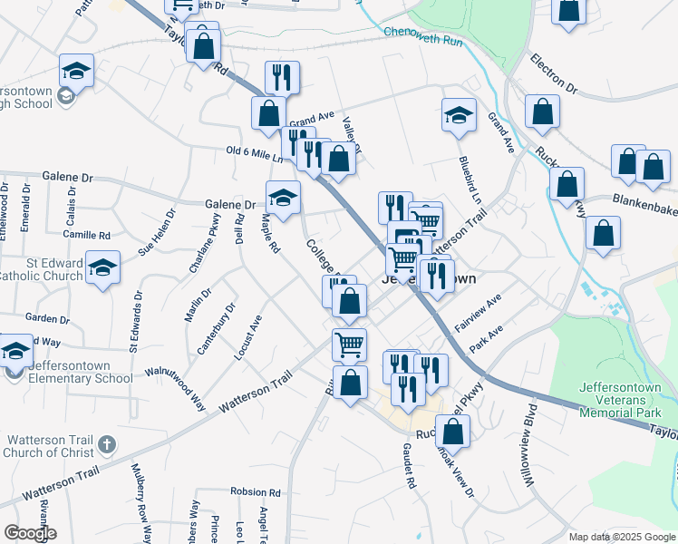 map of restaurants, bars, coffee shops, grocery stores, and more near 3409 College Drive in Louisville