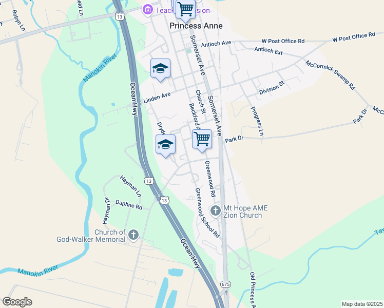 map of restaurants, bars, coffee shops, grocery stores, and more near 11405 Bratten Avenue in Princess Anne