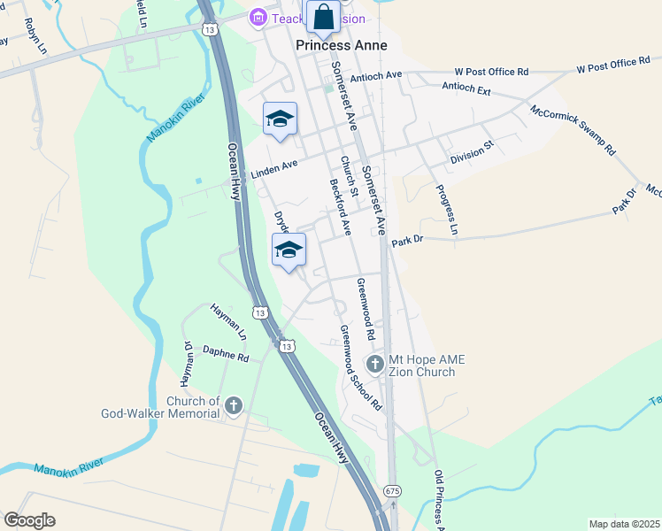 map of restaurants, bars, coffee shops, grocery stores, and more near 11405 Bratten Avenue in Princess Anne