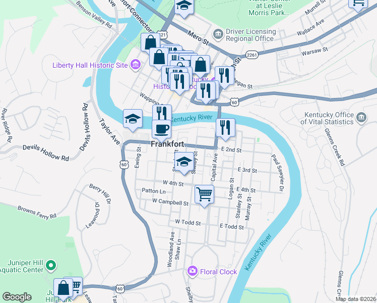 map of restaurants, bars, coffee shops, grocery stores, and more near 207 Shelby Street in Frankfort