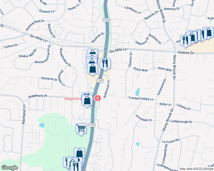 map of restaurants, bars, coffee shops, grocery stores, and more near 8415 Ambrosse Lane in Louisville