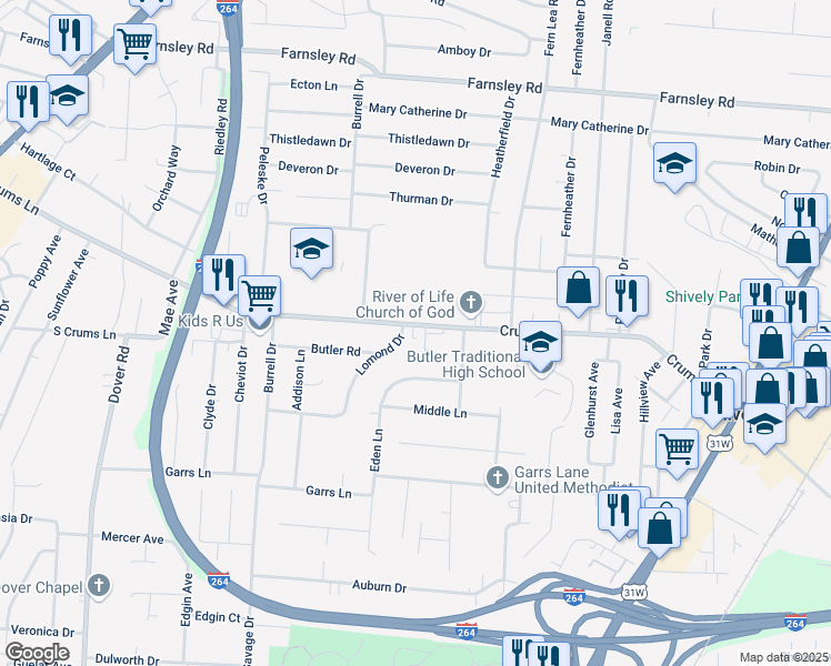 map of restaurants, bars, coffee shops, grocery stores, and more near 2310 Crums Lane in Louisville