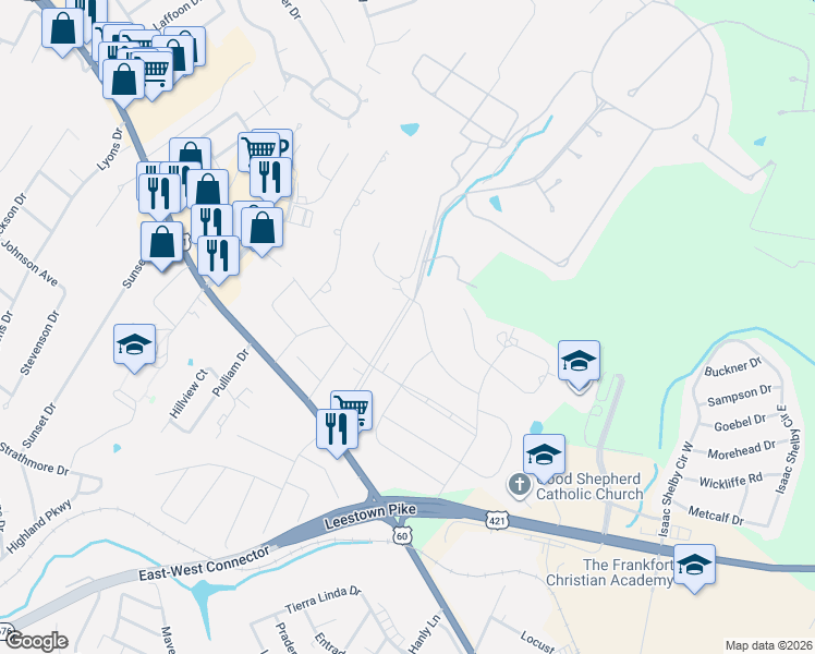 map of restaurants, bars, coffee shops, grocery stores, and more near 239 Country Lane in Frankfort