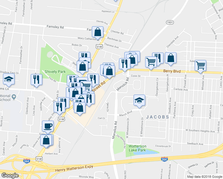 map of restaurants, bars, coffee shops, grocery stores, and more near 3628 Elderwood Way in Louisville