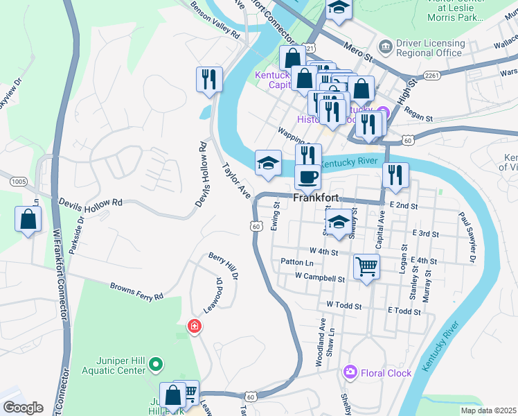 map of restaurants, bars, coffee shops, grocery stores, and more near 523 Weber Court in Frankfort