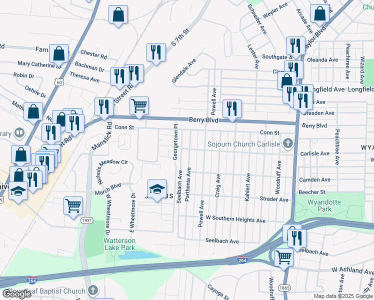 map of restaurants, bars, coffee shops, grocery stores, and more near 3600 Parthenia Avenue in Louisville