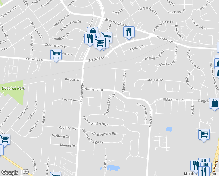 map of restaurants, bars, coffee shops, grocery stores, and more near 7209 Nachand Lane in Louisville