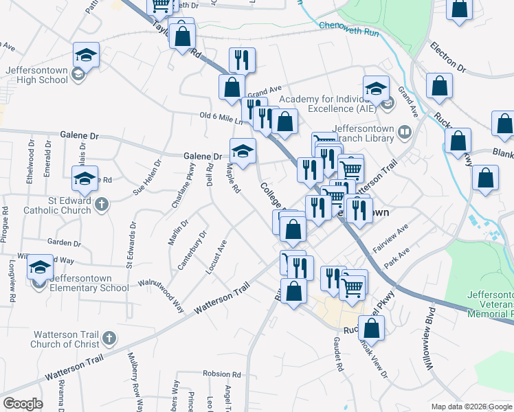 map of restaurants, bars, coffee shops, grocery stores, and more near 3427 Maple Road in Jeffersontown