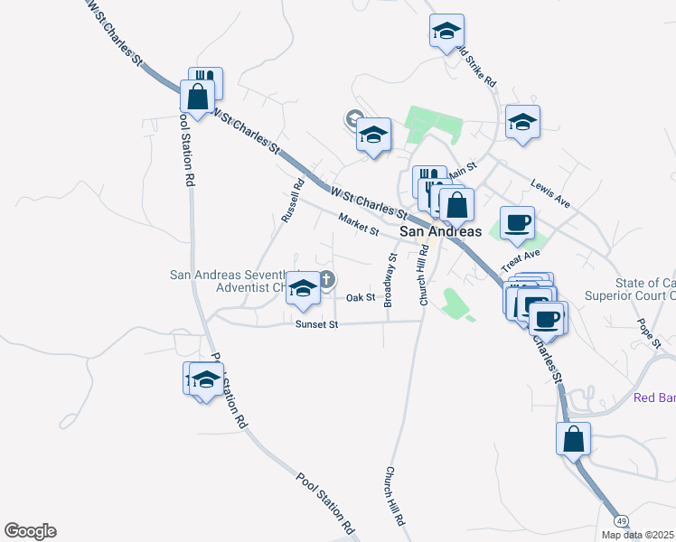 map of restaurants, bars, coffee shops, grocery stores, and more near 361 Mariposa Street in San Andreas