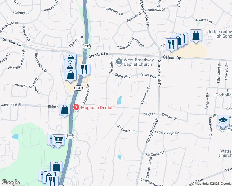 map of restaurants, bars, coffee shops, grocery stores, and more near 3421 Stara Court in Jeffersontown