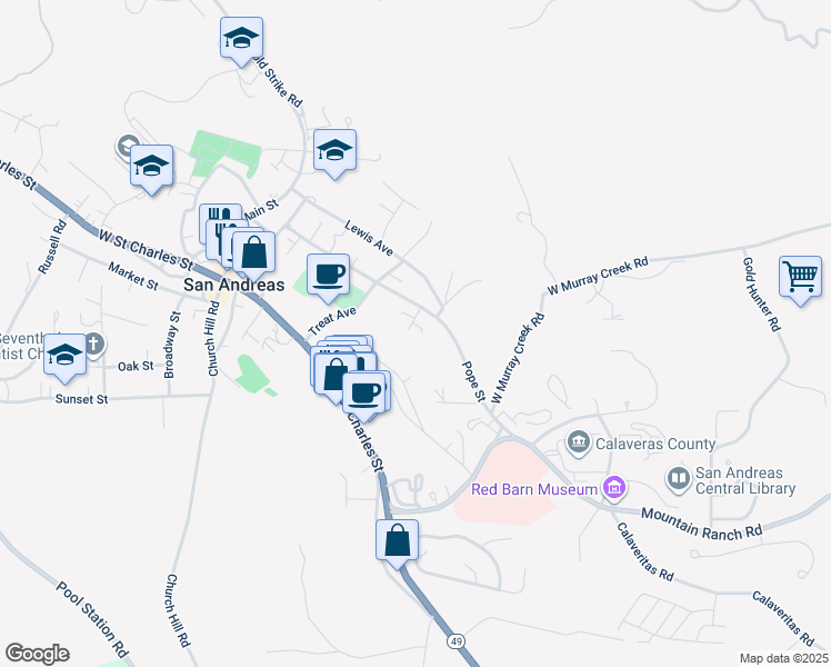 map of restaurants, bars, coffee shops, grocery stores, and more near 140 Serra Trail in San Andreas
