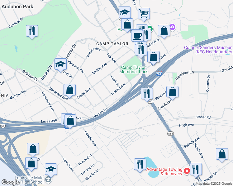 map of restaurants, bars, coffee shops, grocery stores, and more near 1530 Lincoln Avenue in Louisville