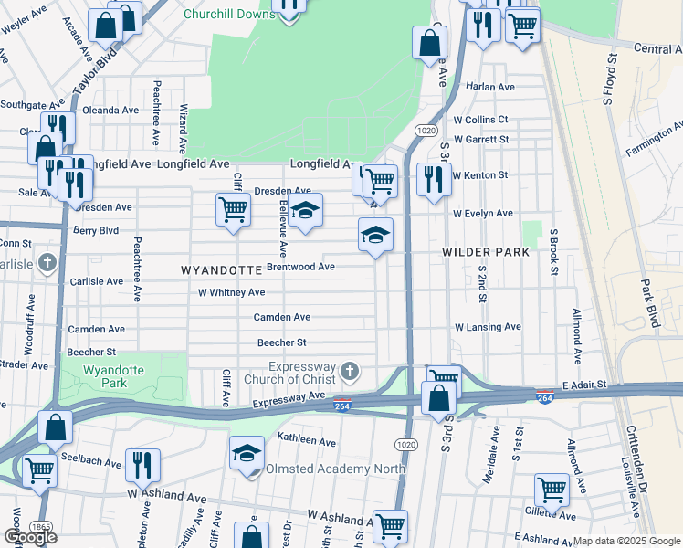 map of restaurants, bars, coffee shops, grocery stores, and more near 528 Brentwood Ave in Louisville