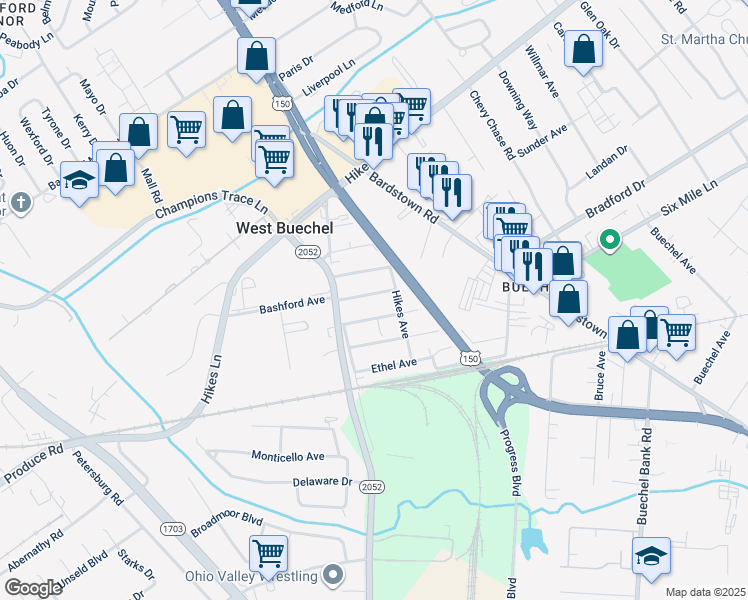 map of restaurants, bars, coffee shops, grocery stores, and more near 3720 Bashford Avenue in Louisville