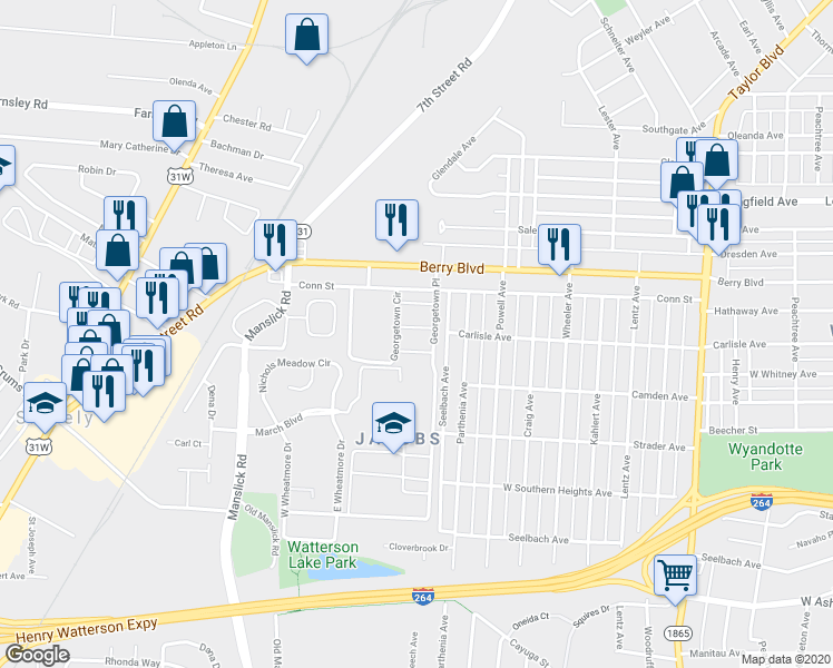 map of restaurants, bars, coffee shops, grocery stores, and more near 1704 Liberty Bell Way in Louisville