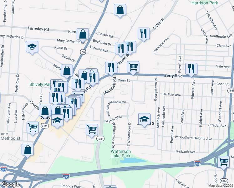 map of restaurants, bars, coffee shops, grocery stores, and more near 6 Nichols Drive in Louisville