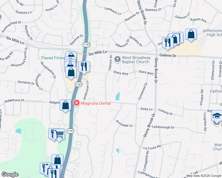 map of restaurants, bars, coffee shops, grocery stores, and more near 3421 Stara Court in Louisville