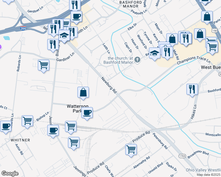 map of restaurants, bars, coffee shops, grocery stores, and more near 102 Spring Creek Court in Louisville