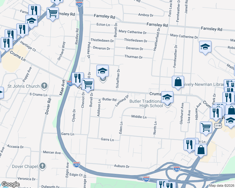 map of restaurants, bars, coffee shops, grocery stores, and more near 2510 Crums Lane in Louisville